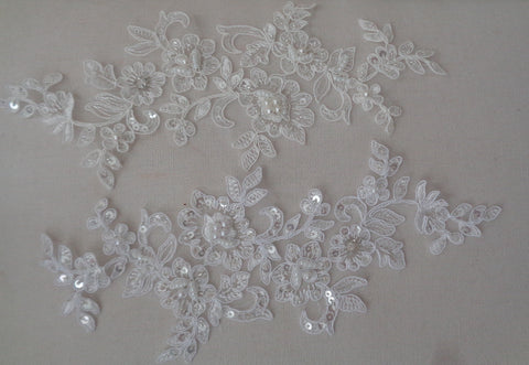 white or ivory floral beaded lace applique bridal wedding sequins lace motif for sale. sold by per piece