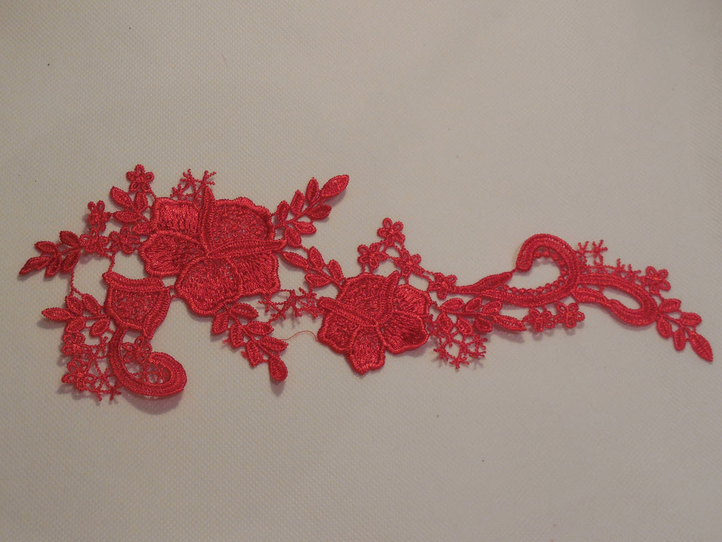 Red floral lace Applique / decorative sewing lace motif for sale. 31cm x 11.5cm