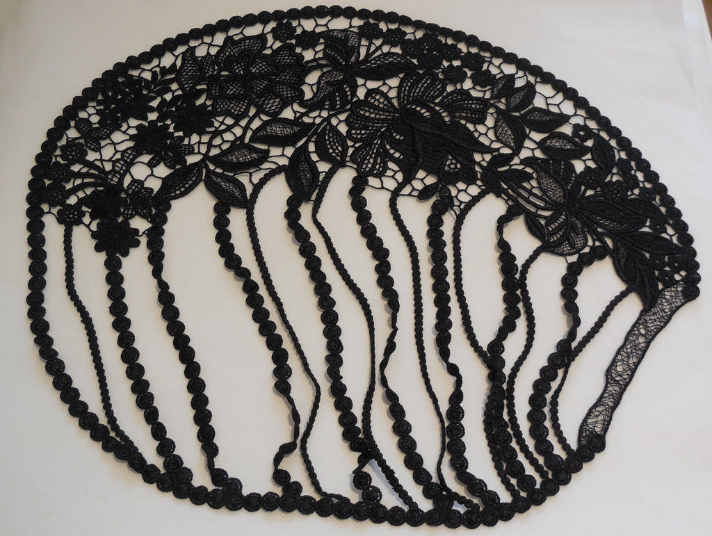 A Black floral cotton lace applique / floral shape collar lace motif is for sale. Sold By Piece