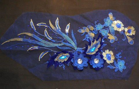 Luxury Large piece Blue & Gold sequins beads floral lace Applique/ lace motif