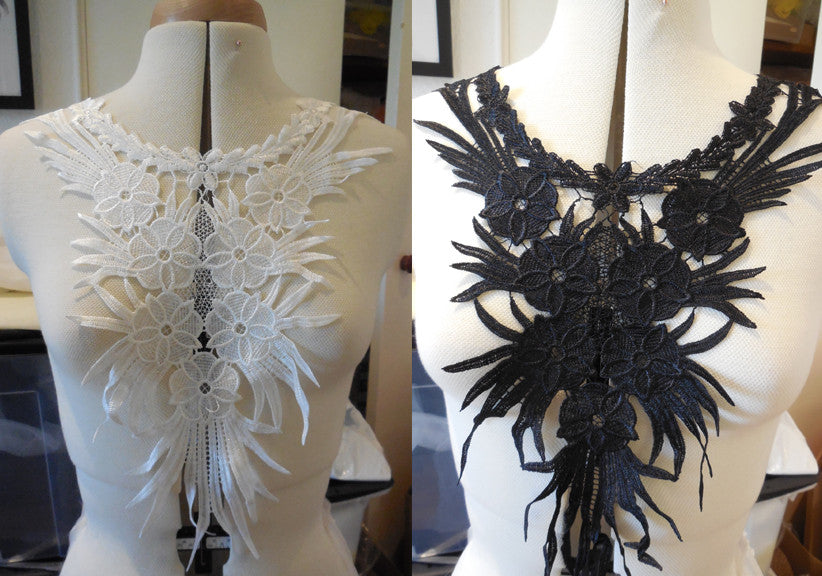 A Black or white bridal floral lace collar applique / round neckline collar motif is for sale. Sold by per piece