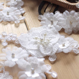A pair ivory beaded lace applique ivory rhinestones beads floral lace motifs