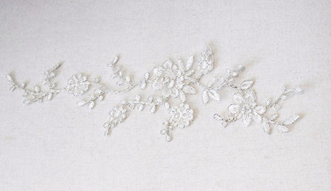 An ivory & silver cords bridal wedding lace applique / floral tulle lace motif sold By Piece