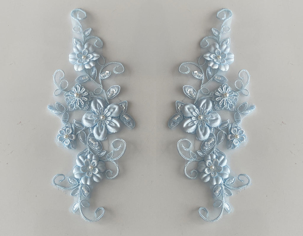 Craftuneed A pair blue pink ivory flower beaded lace applique sew on floral beads tulle lace motif patch
