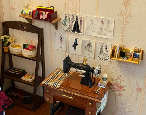 miniature dollhouse sewing kit box mini doll threads fabric ribbon scissor iron mannequin for doll Handmade