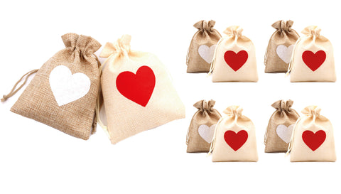 Craftuneed Bundle 10pcs Small natural linen bags heart shape print wedding gift bags jewellery pouch bags handmade