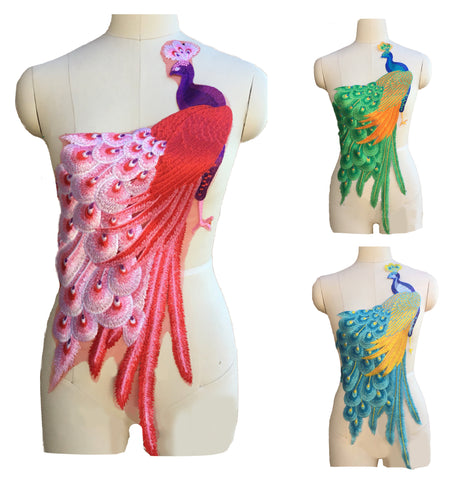 Craftuneed large piece of sew on peacock shape embroidered lace motif applique patch for dress sewing