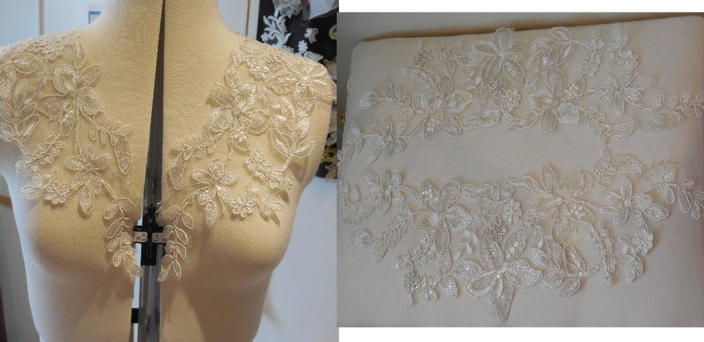 A Pair of dark ivory floral sequined lace collar appliques bolero lace motifs for sale. Sold by per pair 2 pieces