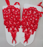 A pair red / white / ivory beaded wedding lace gloves floral bridal lace gloves is for sale. Sold By pair